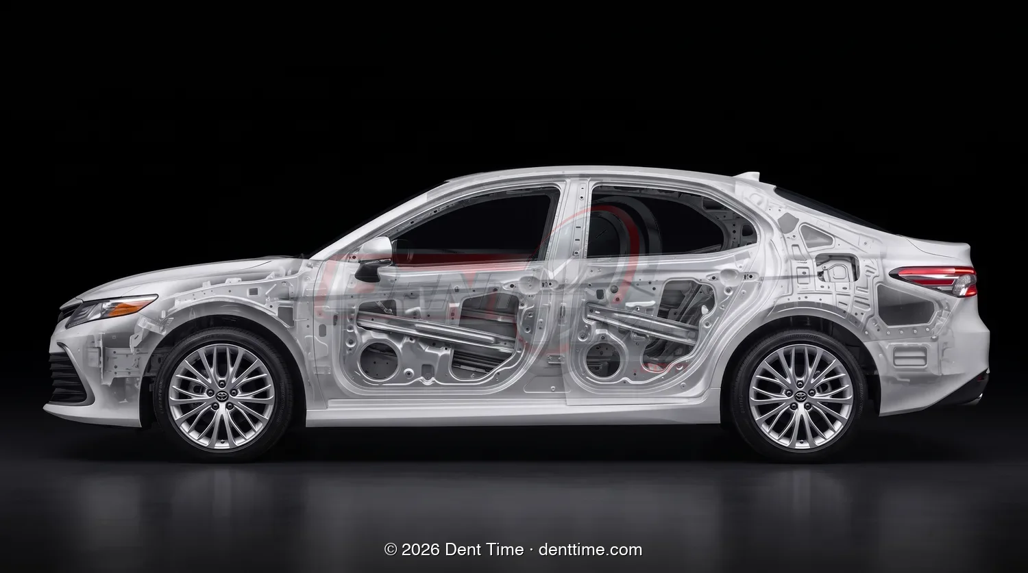 The same sedan with panels made transparent, showing the impact beams and bracing behind every panel