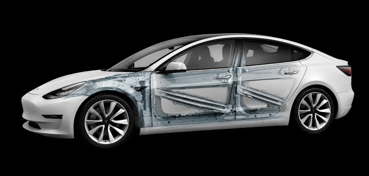 Tesla with the door panels made transparent, showing the internal impact beams and bracing that decide paintless dent repair access and cost