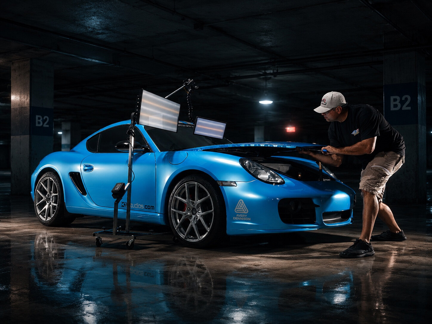 Myke Toledo reading a dent under a light board on a blue Porsche Cayman in a parking garage